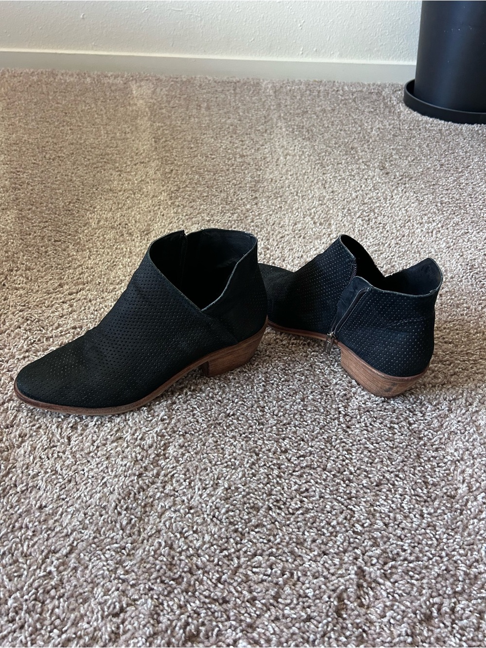 Vince Camuto Black Suede Perforated Ankle Booties with Low Wooden Heel